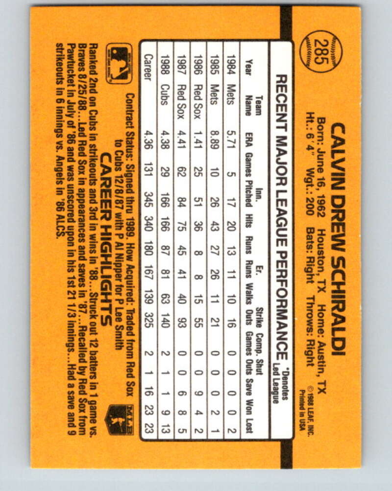 1989 Donruss #285 Calvin Schiraldi Mint Chicago Cubs
