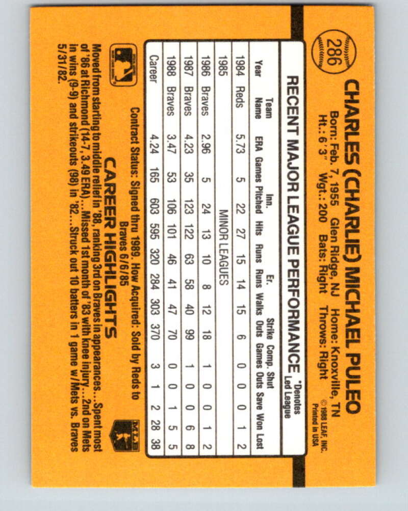 1989 Donruss #286 Charlie Puleo UER Mint Atlanta Braves Image 2