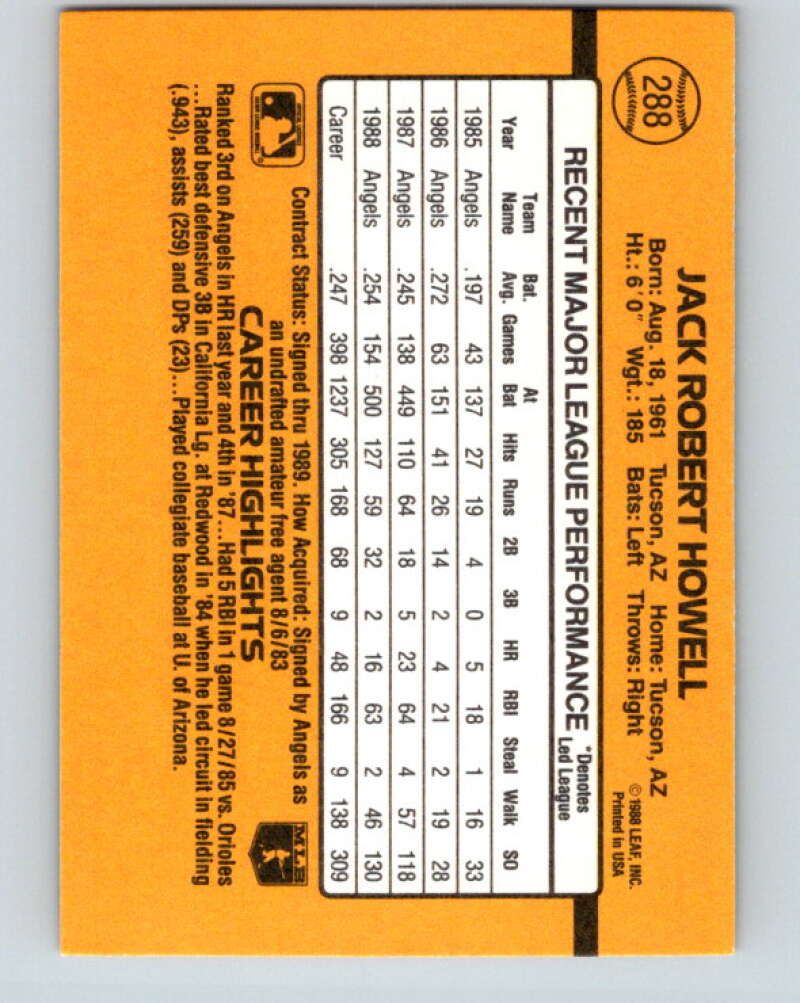 1989 Donruss #288 Jack Howell Mint California Angels Image 2