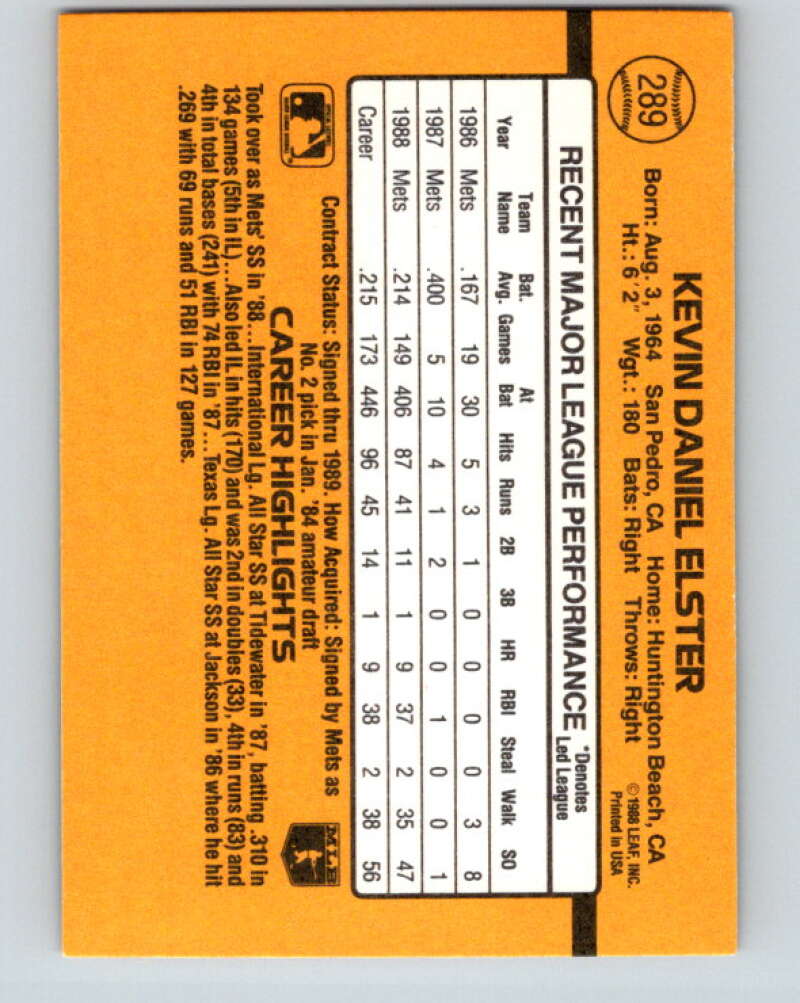 1989 Donruss #289 Kevin Elster Mint New York Mets Image 2