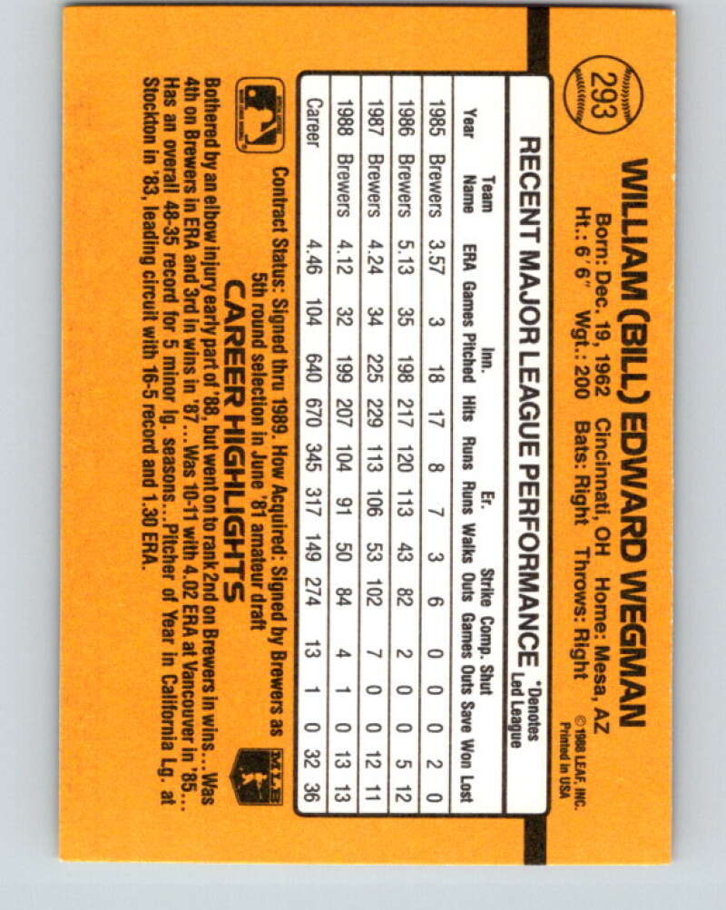 1989 Donruss #293 Bill Wegman Mint Milwaukee Brewers Image 2