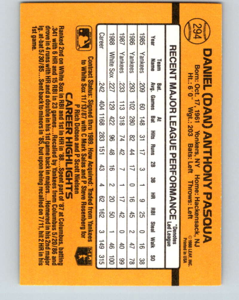1989 Donruss #294 Dan Pasqua Mint Chicago White Sox Image 2
