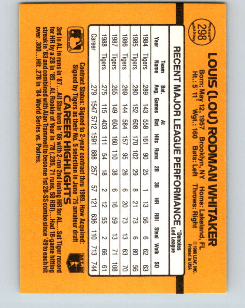 1989 Donruss #298 Lou Whitaker Mint Detroit Tigers Image 2