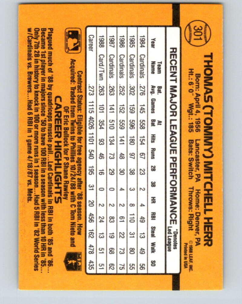 1989 Donruss #301 Tom Herr Mint Minnesota Twins Image 2
