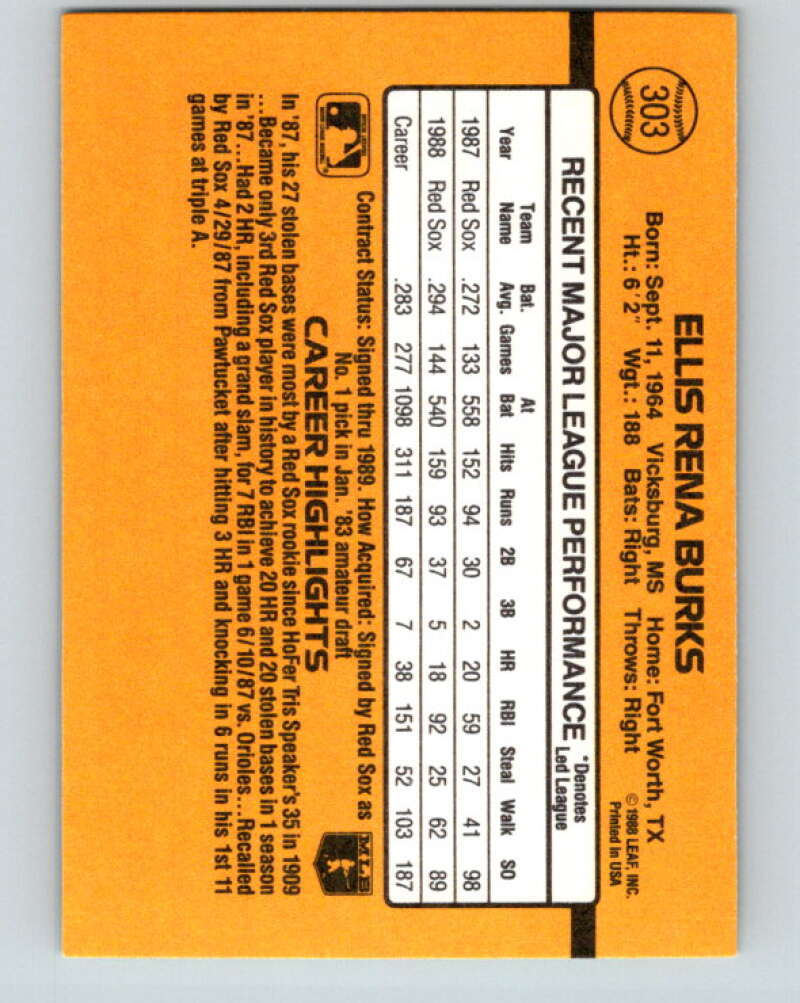 1989 Donruss #303 Ellis Burks Mint Boston Red Sox Image 2