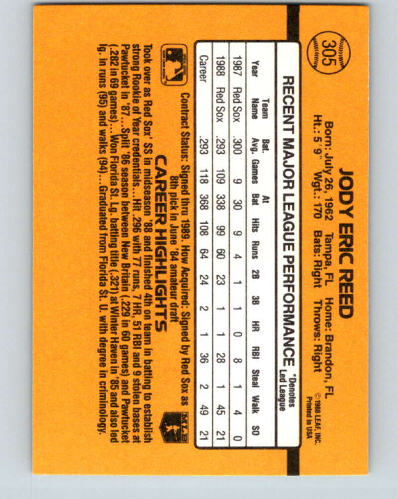 1989 Donruss #305 Jody Reed Mint Boston Red Sox Image 2