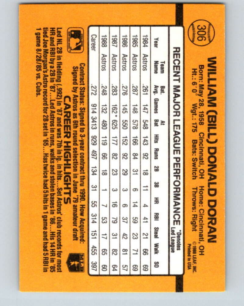 1989 Donruss #306 Bill Doran Mint Houston Astros Image 2