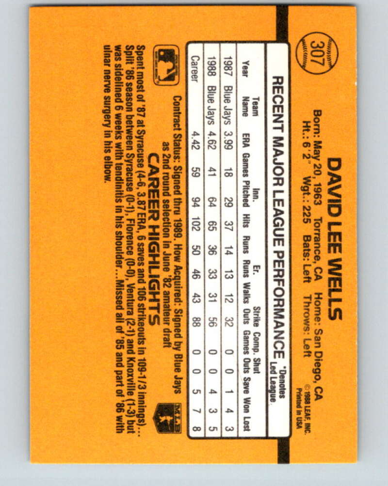 1989 Donruss #307 David Wells Mint Toronto Blue Jays Image 2