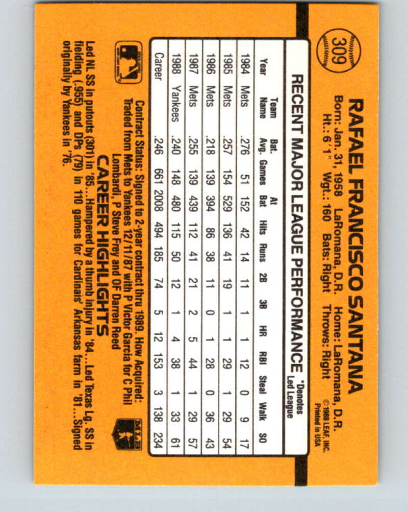 1989 Donruss #309 Rafael Santana Mint New York Yankees Image 2