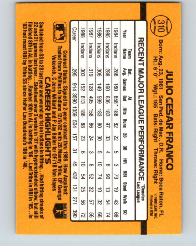 1989 Donruss #310 Julio Franco Mint Cleveland Indians