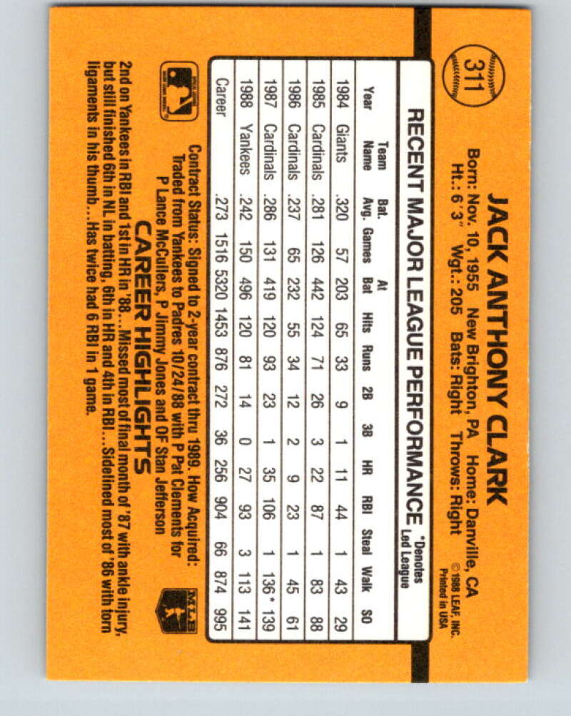 1989 Donruss #311 Jack Clark Mint New York Yankees Image 2