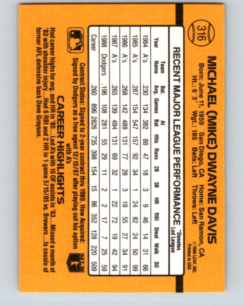 1989 Donruss #316 Mike Davis Mint Los Angeles Dodgers Image 2