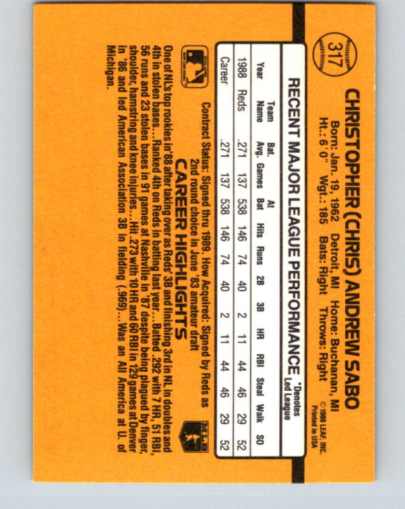 1989 Donruss #317 Chris Sabo Mint RC Rookie Cincinnati Reds