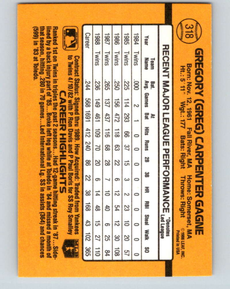 1989 Donruss #318 Greg Gagne Mint Minnesota Twins Image 2