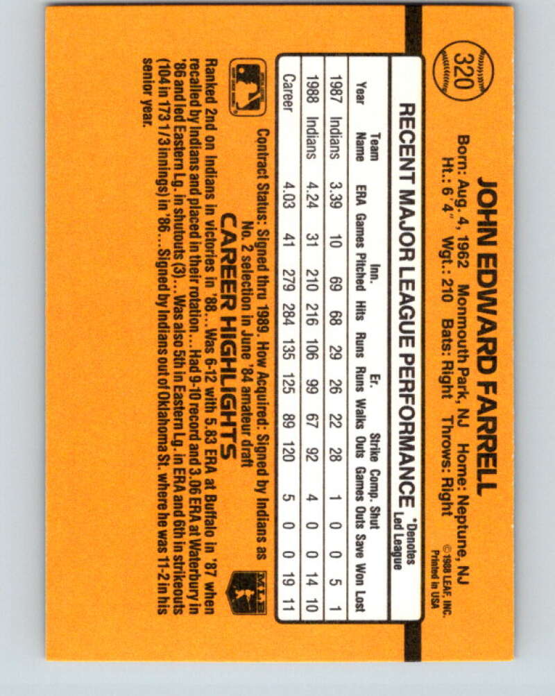 1989 Donruss #320 John Farrell Mint Cleveland Indians Image 2