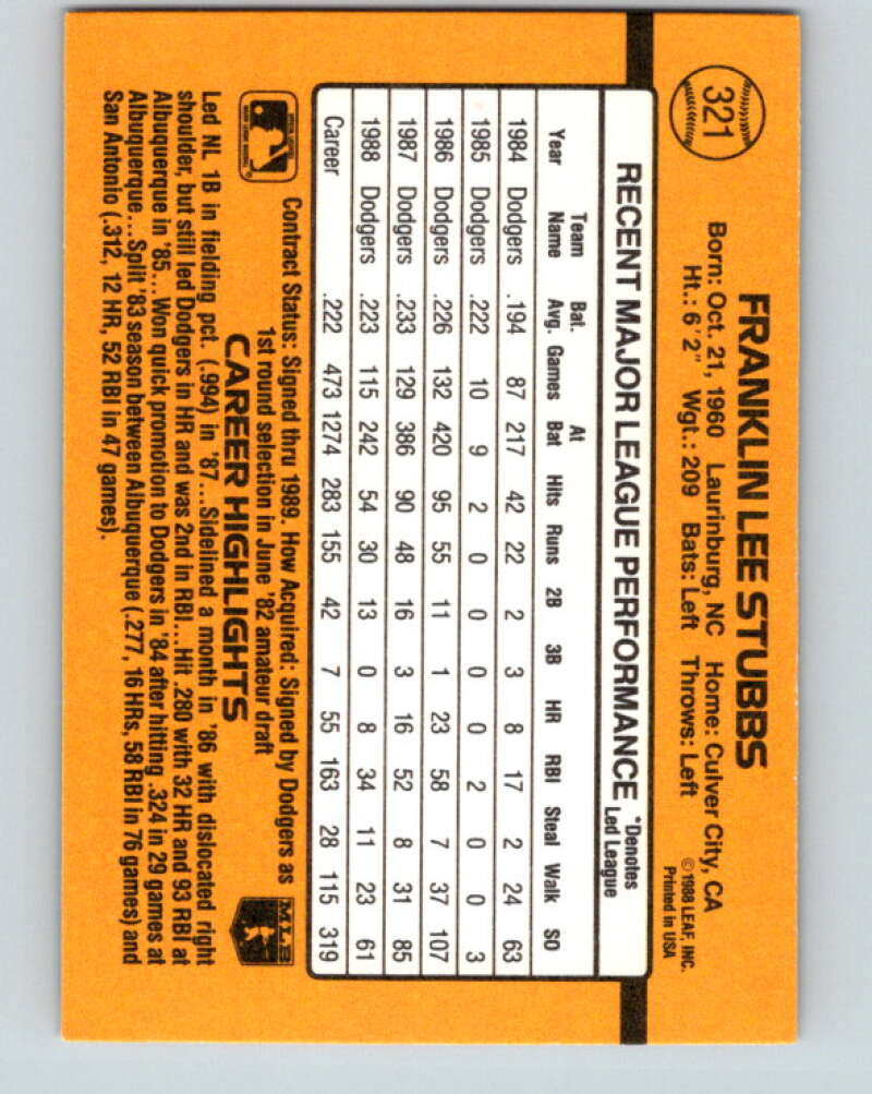 1989 Donruss #321 Franklin Stubbs Mint Los Angeles Dodgers Image 2