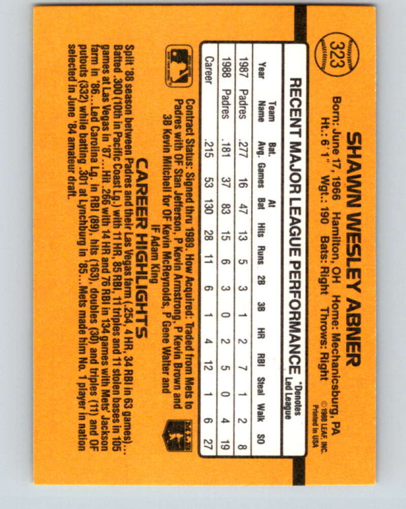 1989 Donruss #323 Shawn Abner Mint San Diego Padres Image 2