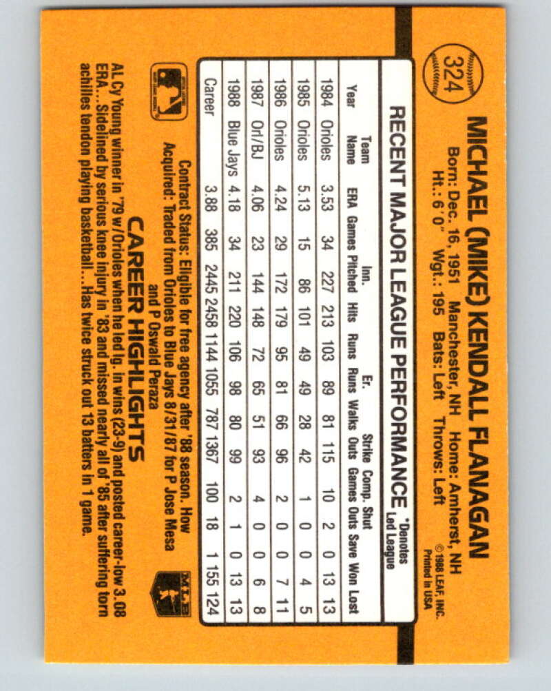 1989 Donruss #324 Mike Flanagan Mint Toronto Blue Jays Image 2