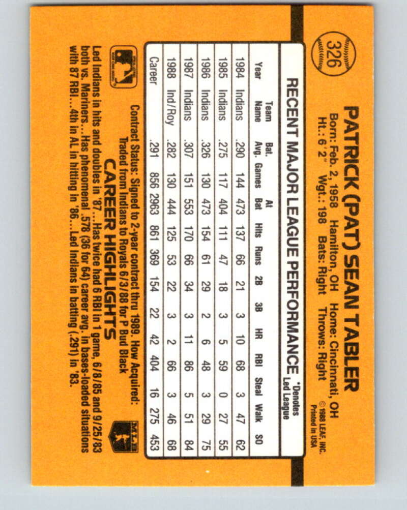 1989 Donruss #326 Pat Tabler Mint Kansas City Royals Image 2