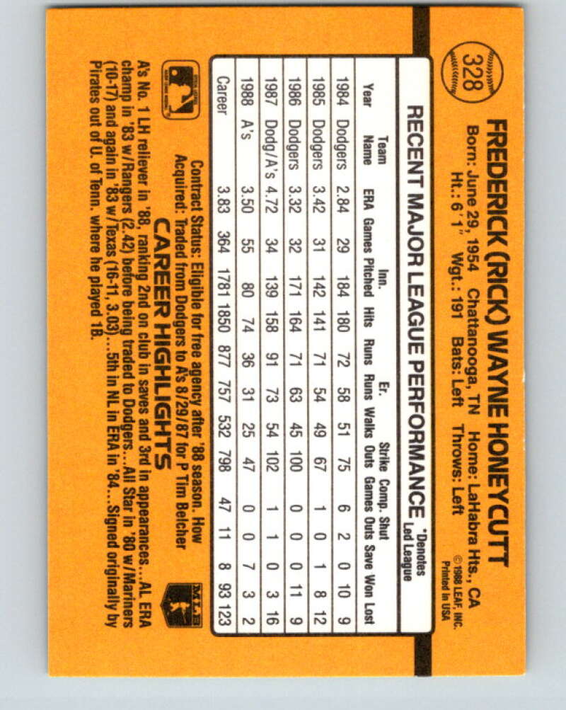 1989 Donruss #328 Rick Honeycutt Mint Oakland Athletics Image 2