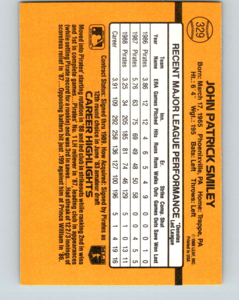 1989 Donruss #329 John Smiley Mint Pittsburgh Pirates Image 2