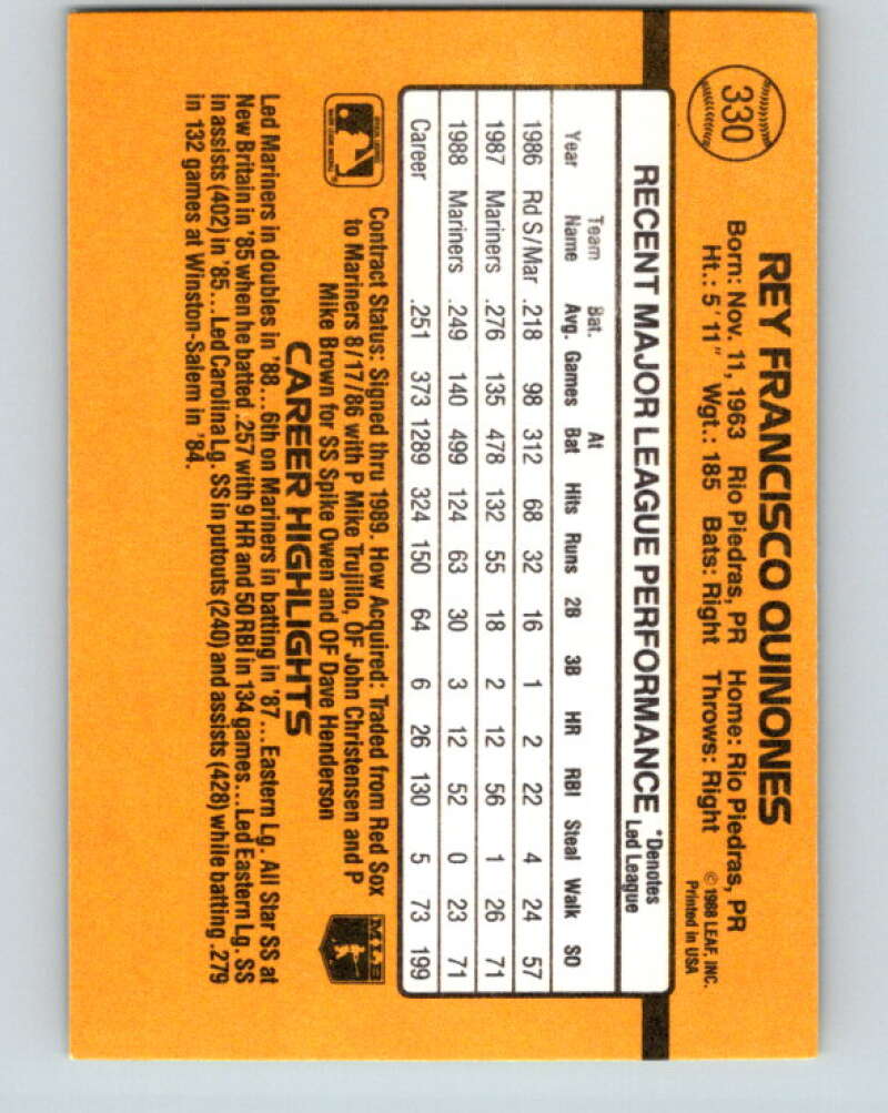 1989 Donruss #330 Rey Quinones Mint Seattle Mariners Image 2