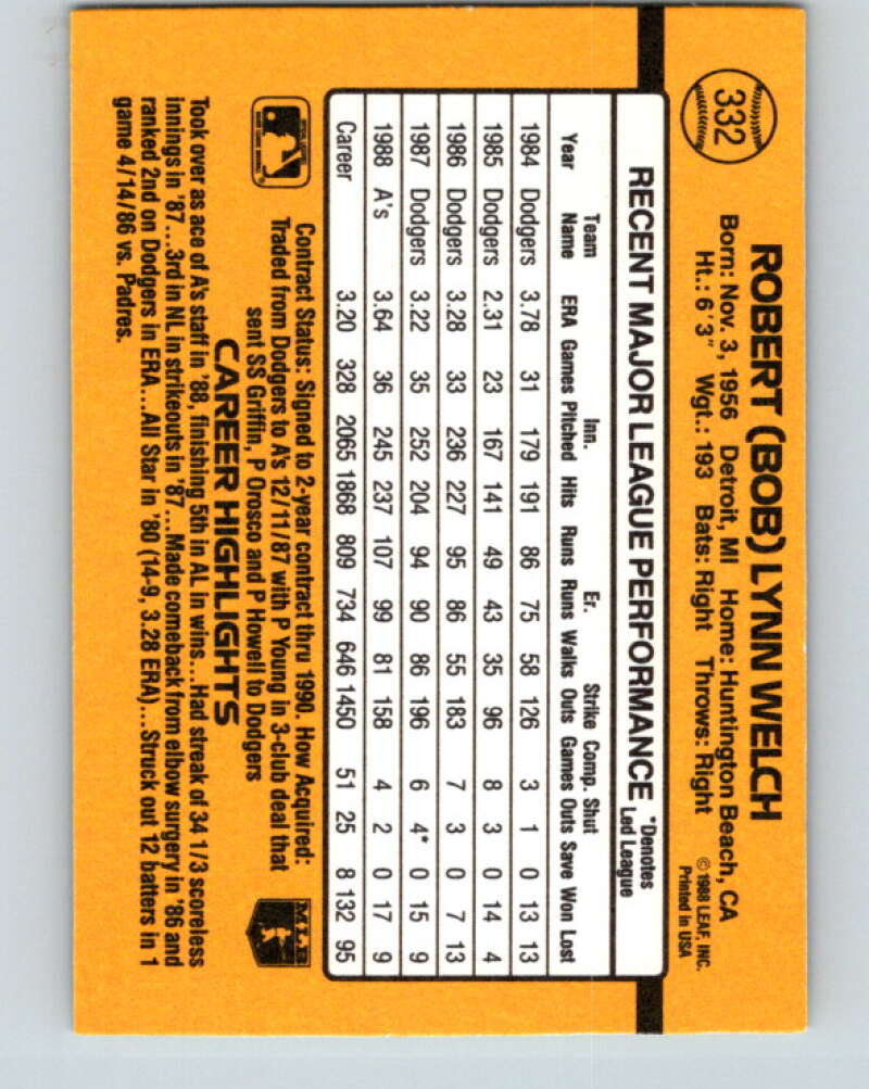 1989 Donruss #332 Bob Welch Mint Oakland Athletics Image 2