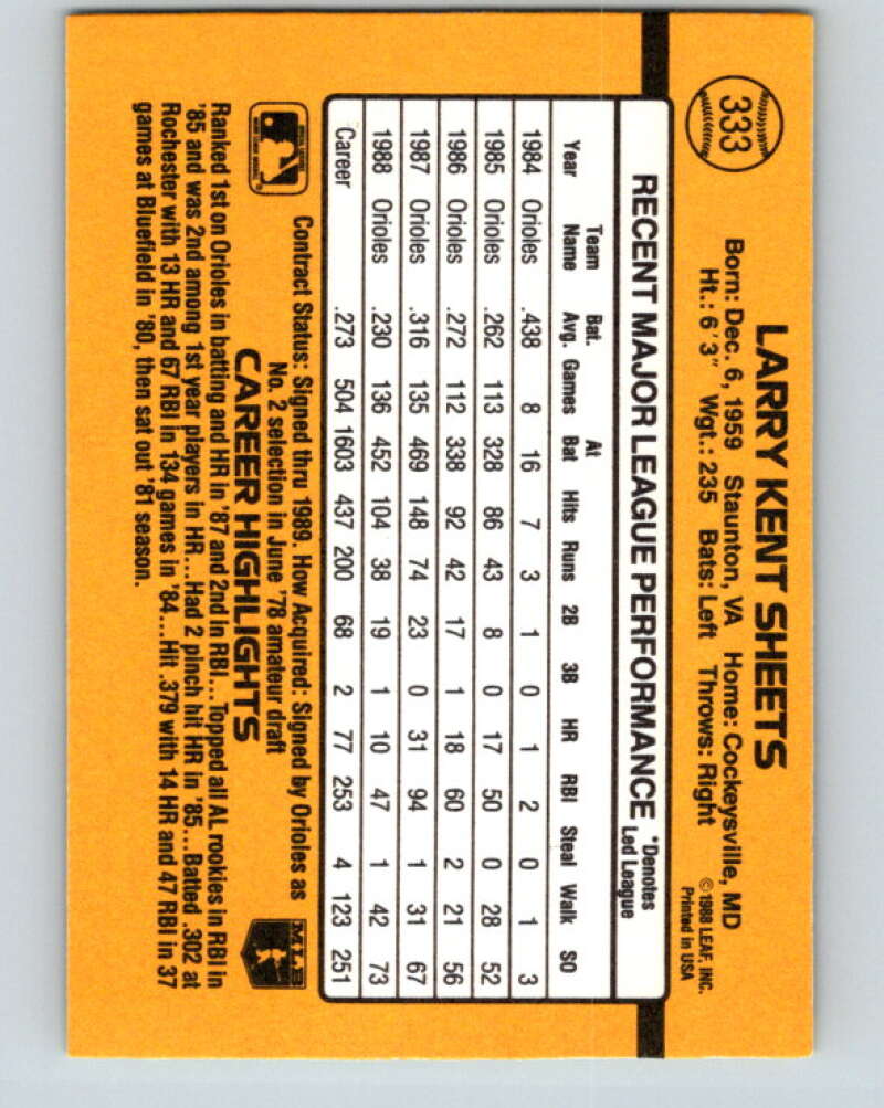 1989 Donruss #333 Larry Sheets Mint Baltimore Orioles Image 2