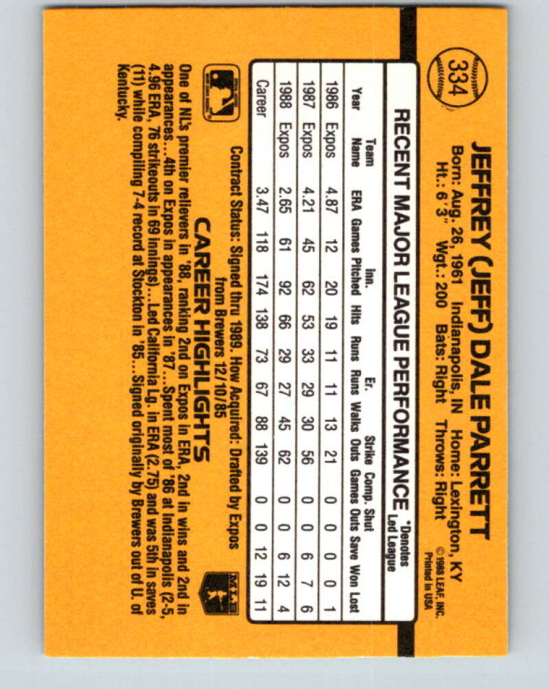 1989 Donruss #334 Jeff Parrett Mint Montreal Expos Image 2