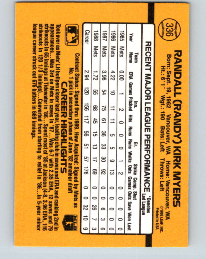 1989 Donruss #336 Randy Myers Mint New York Mets Image 2