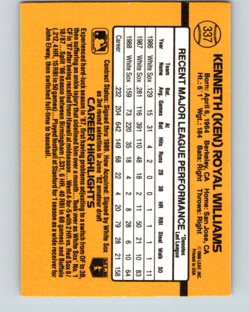 1989 Donruss #337 Kenny Williams Mint Chicago White Sox Image 2