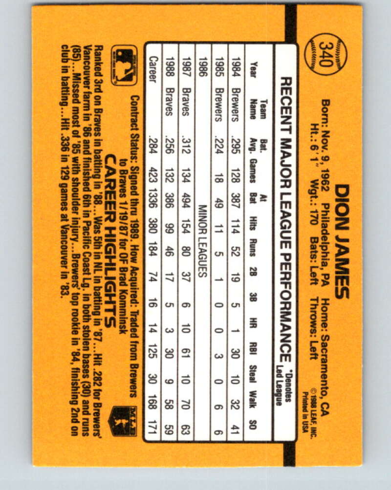 1989 Donruss #340 Dion James Mint Atlanta Braves Image 2