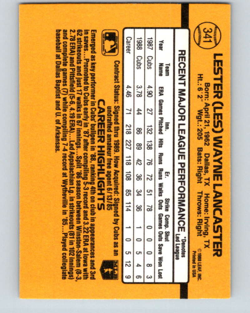 1989 Donruss #341 Les Lancaster Mint Chicago Cubs Image 2