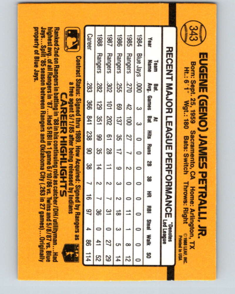 1989 Donruss #343 Geno Petralli Mint Texas Rangers Image 2