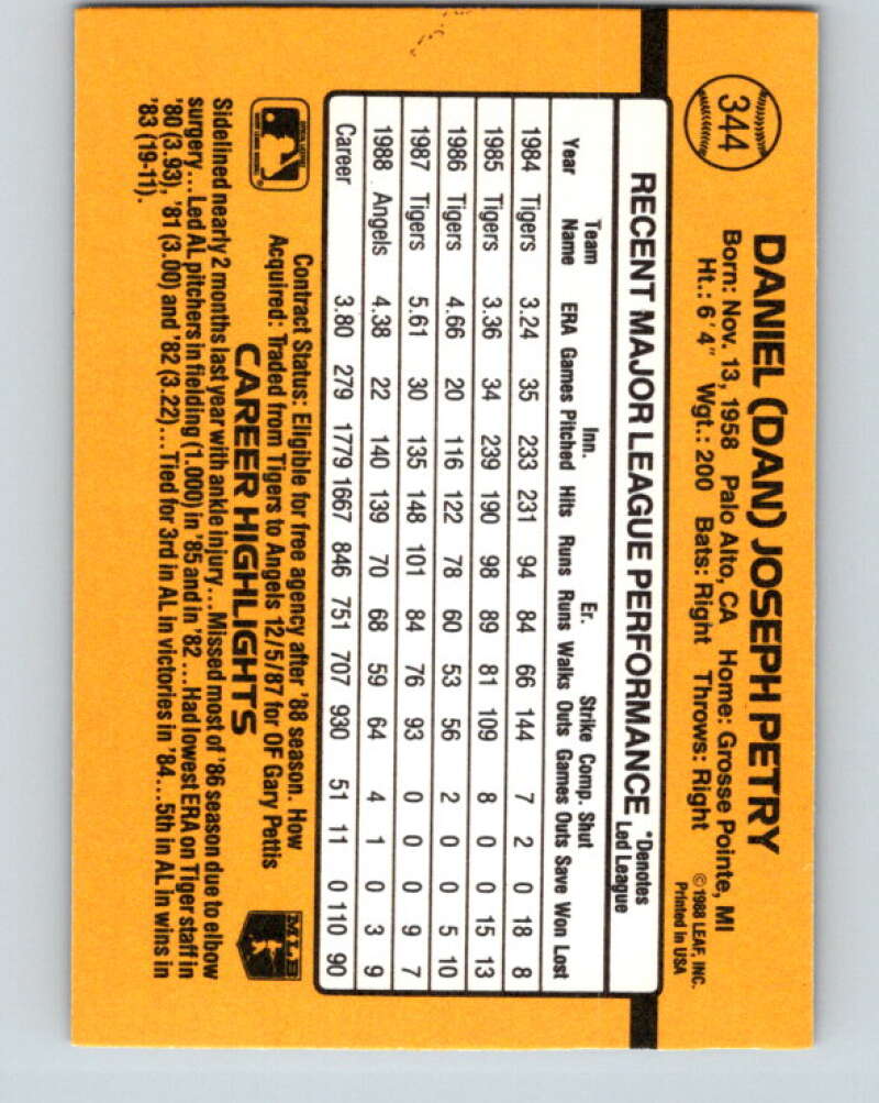 1989 Donruss #344 Dan Petry Mint California Angels Image 2
