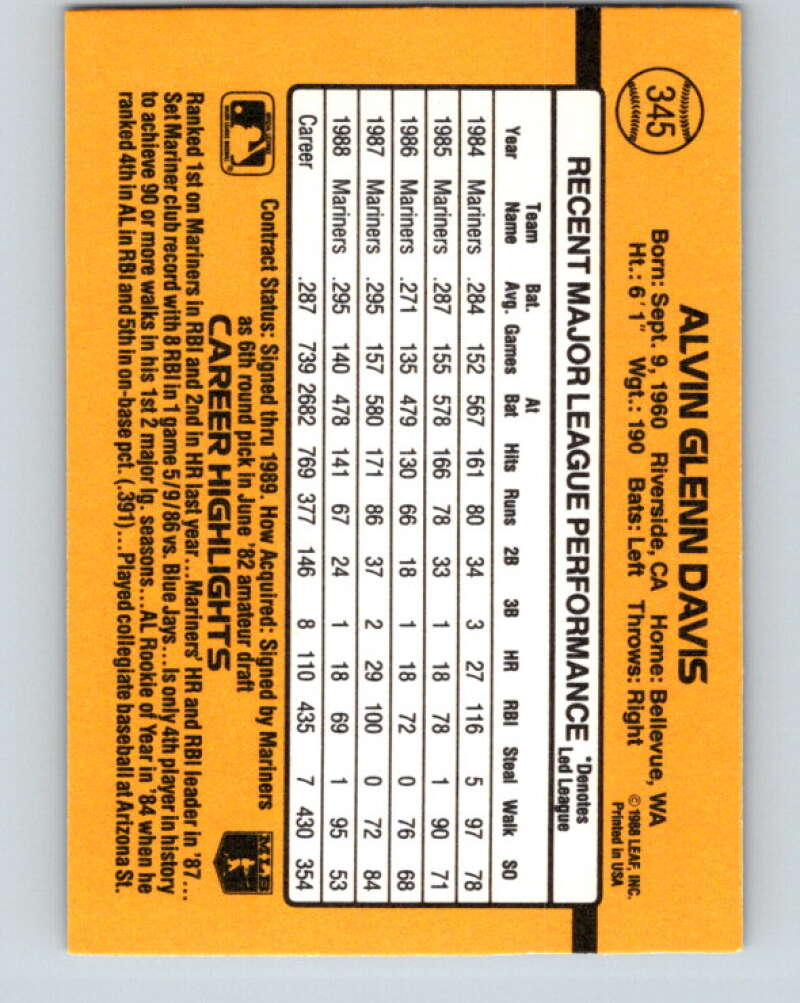 1989 Donruss #345 Alvin Davis Mint Seattle Mariners Image 2