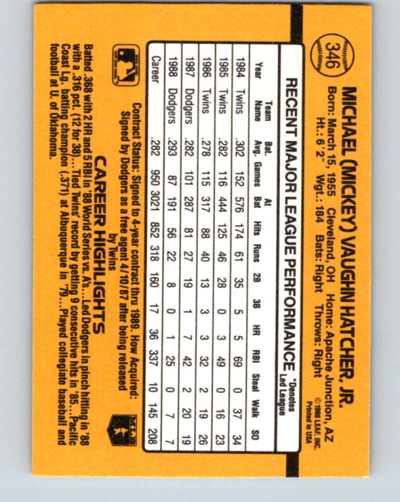 1989 Donruss #346 Mickey Hatcher Mint Los Angeles Dodgers Image 2