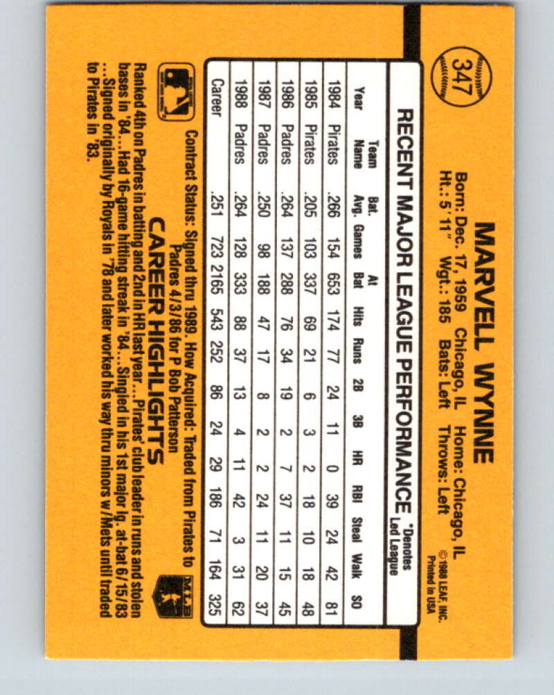 1989 Donruss #347 Marvell Wynne Mint San Diego Padres Image 2