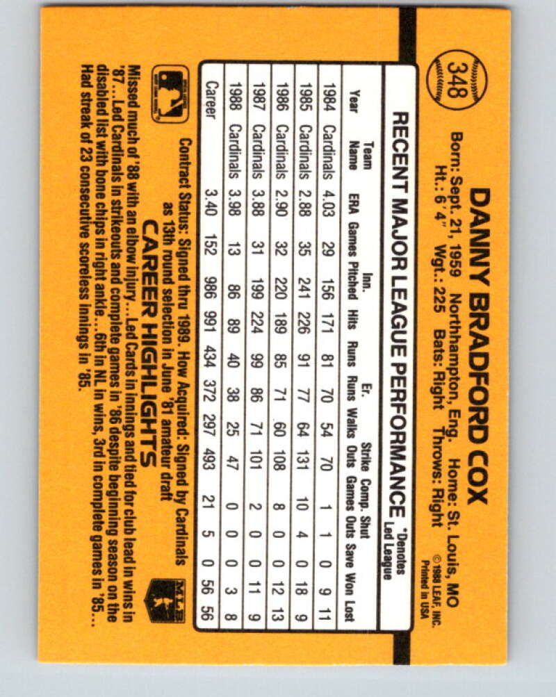 1989 Donruss #348 Danny Cox Mint St. Louis Cardinals Image 2