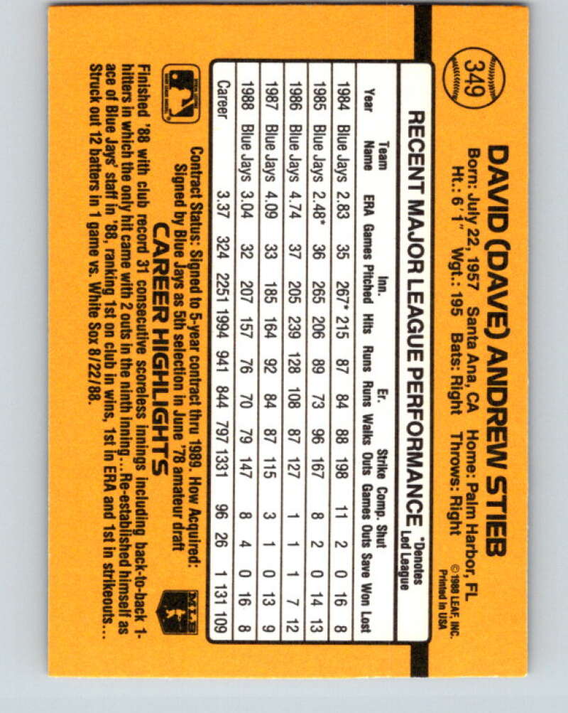 1989 Donruss #349 Dave Stieb Mint Toronto Blue Jays Image 2