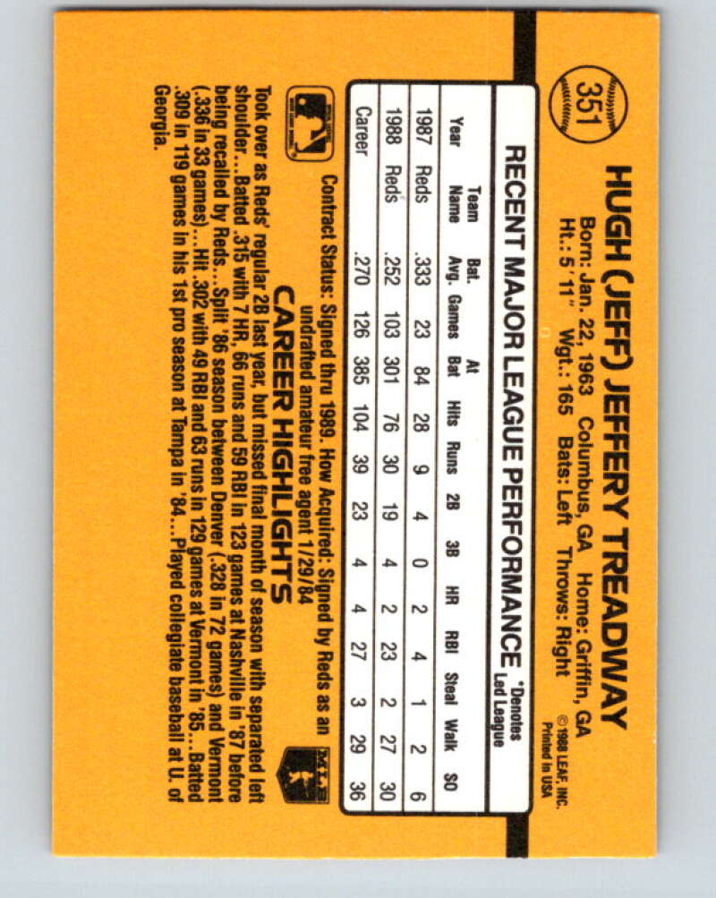 1989 Donruss #351 Jeff Treadway Mint Cincinnati Reds Image 2