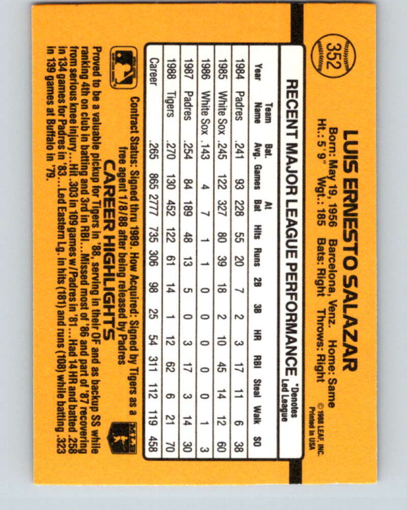 1989 Donruss #352 Luis Salazar Mint Detroit Tigers Image 2