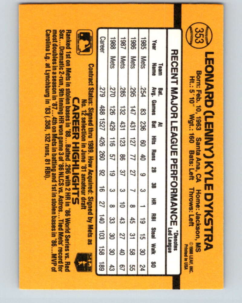 1989 Donruss #353 Lenny Dykstra Mint New York Mets Image 2