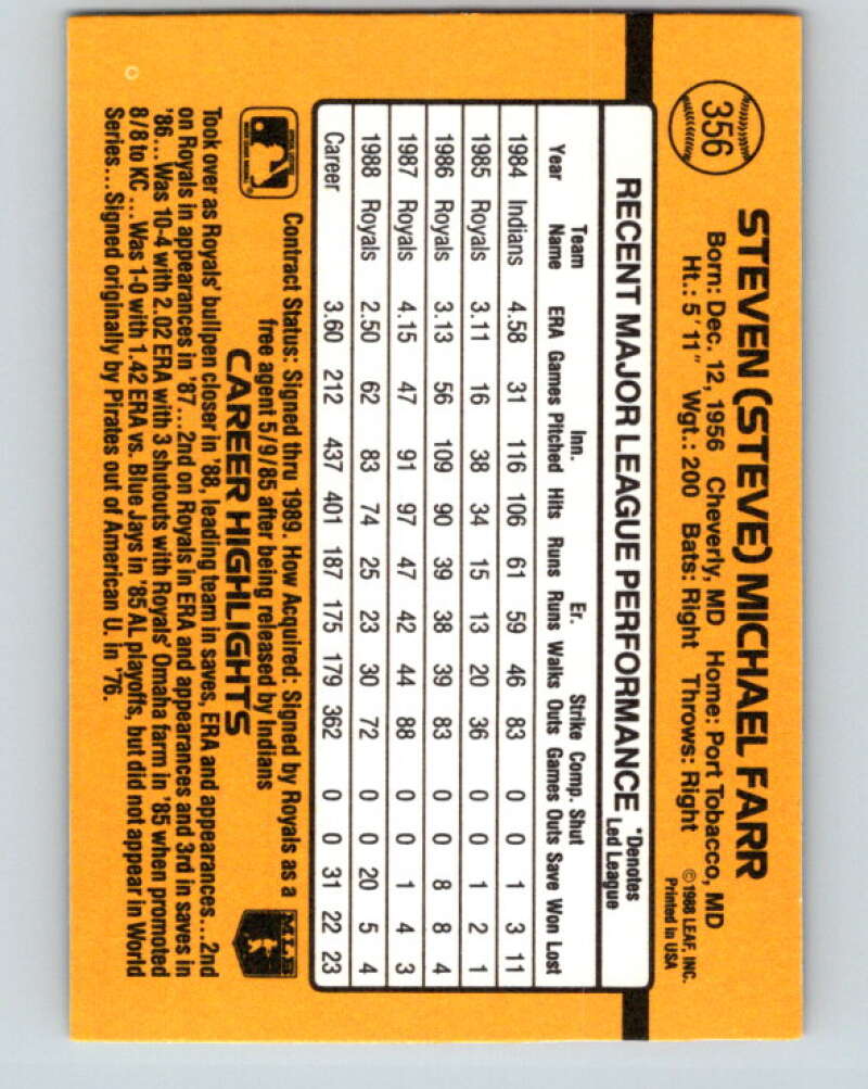 1989 Donruss #356 Steve Farr Mint Kansas City Royals Image 2