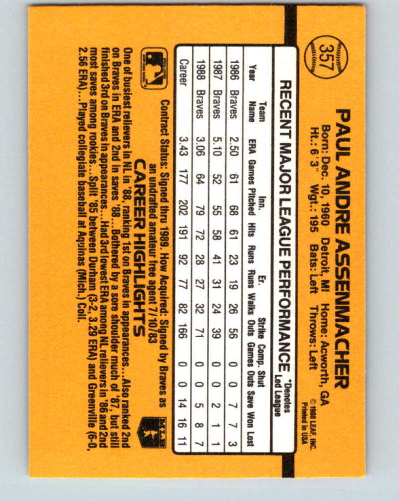 1989 Donruss #357 Paul Assenmacher Mint Atlanta Braves Image 2