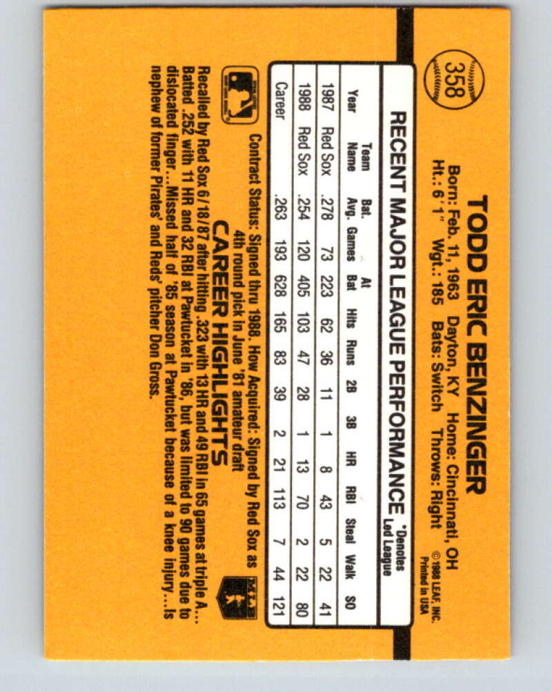 1989 Donruss #358 Todd Benzinger Mint Boston Red Sox Image 2