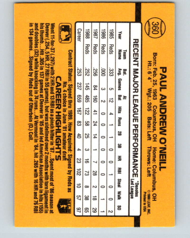 1989 Donruss #360 Paul O'Neill Mint Cincinnati Reds Image 2