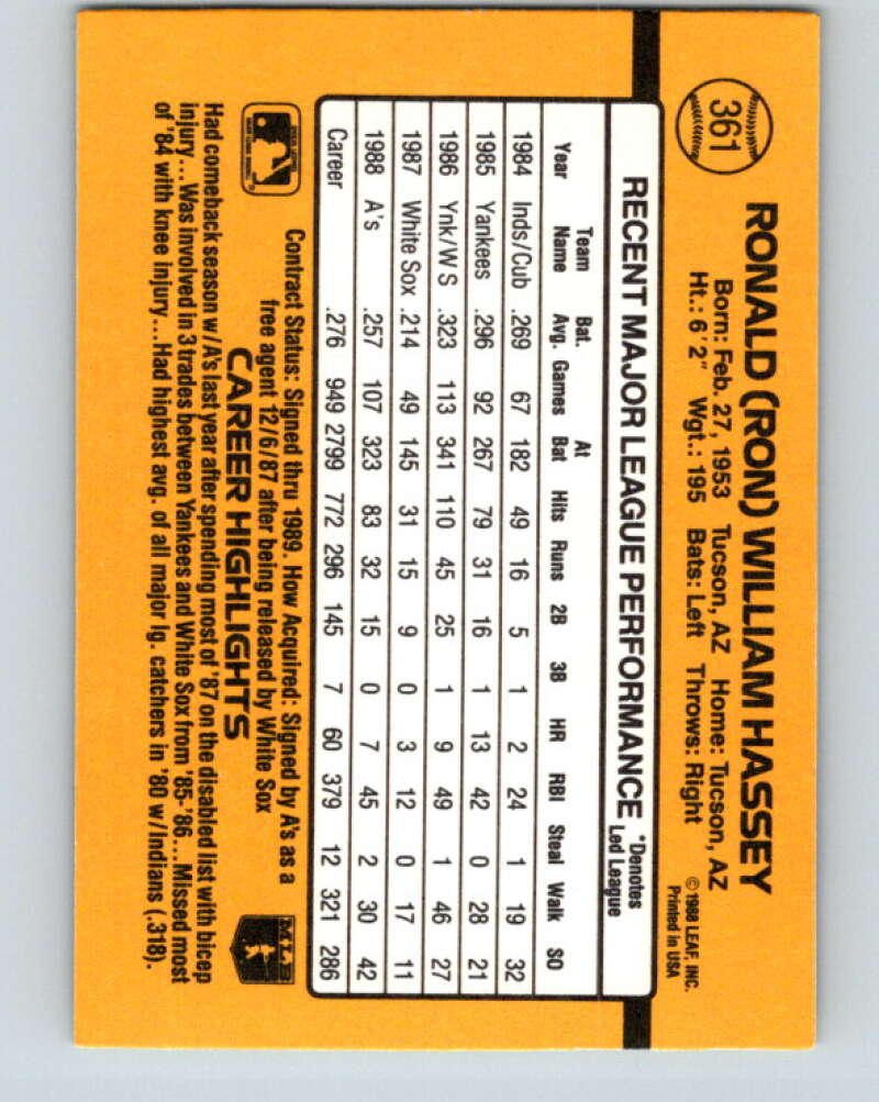1989 Donruss #361 Ron Hassey Mint Oakland Athletics Image 2