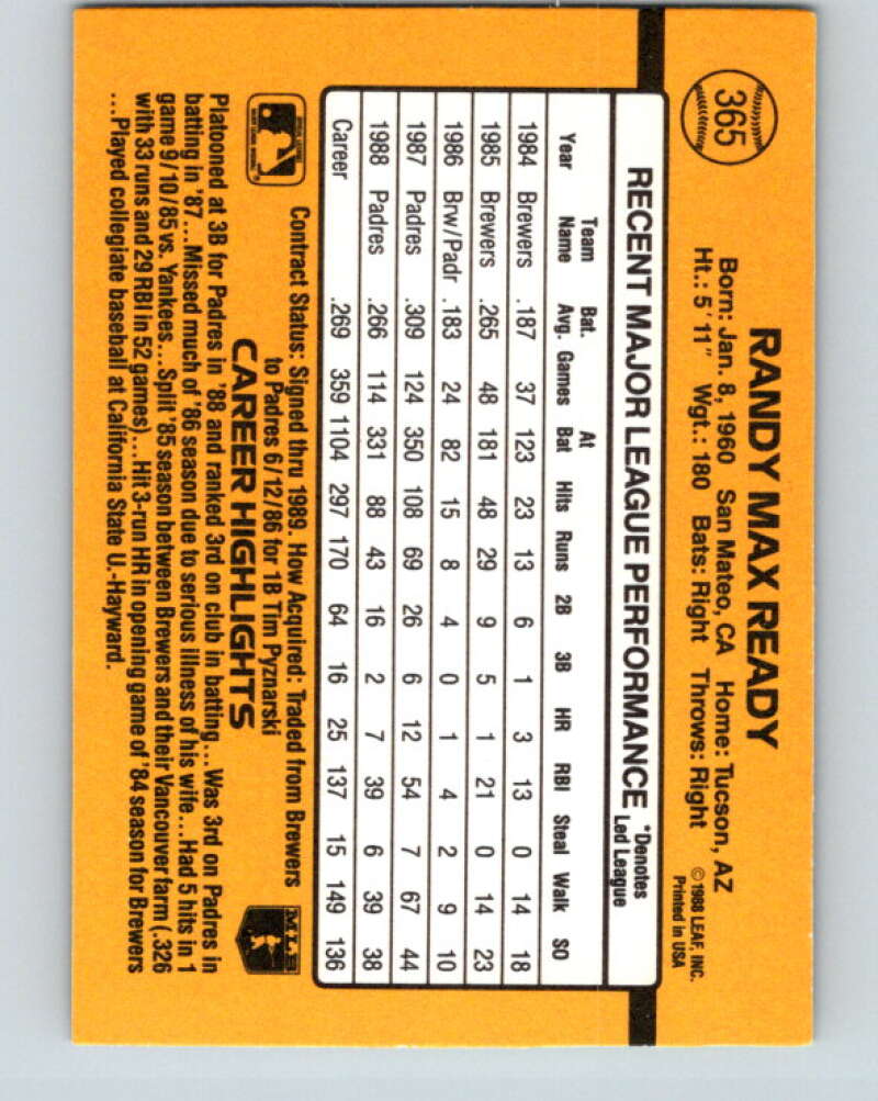 1989 Donruss #365 Randy Ready Mint San Diego Padres Image 2