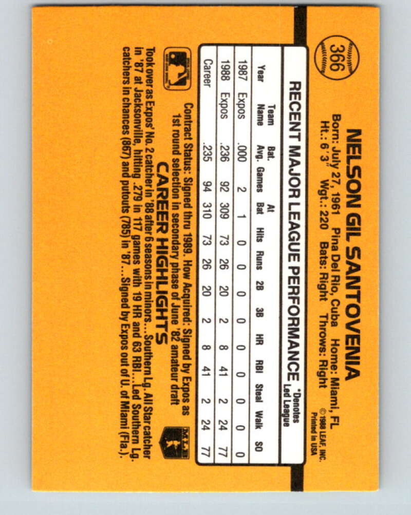 1989 Donruss #366 Nelson Santovenia Mint Montreal Expos Image 2